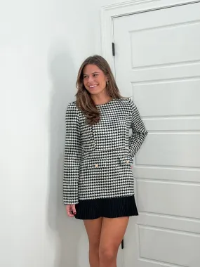 Holiday Houndstooth Long Sleeve Pleated Dress