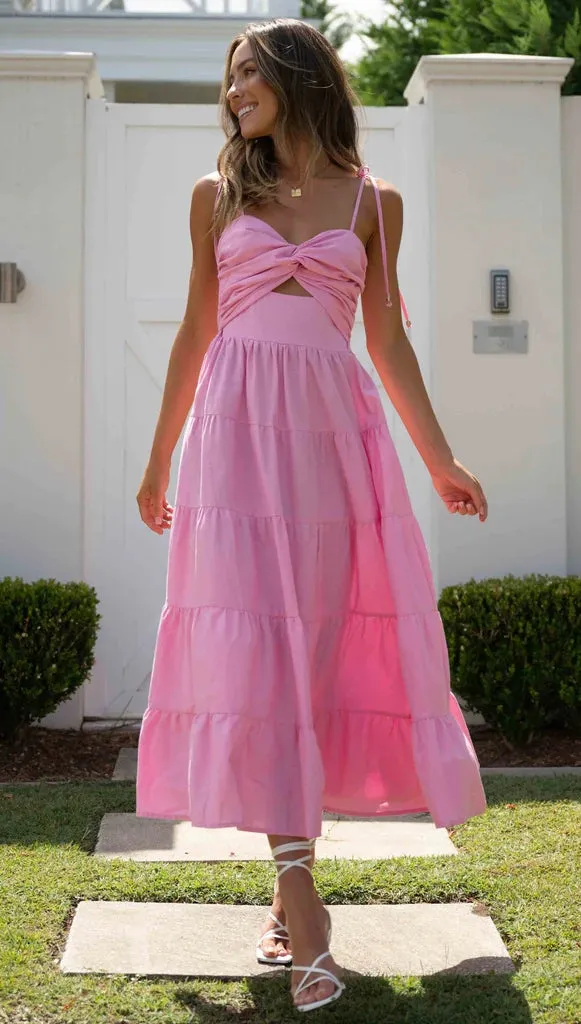 Pink Front Twist Slip Midi Dress