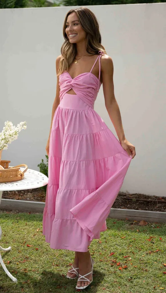 Pink Front Twist Slip Midi Dress