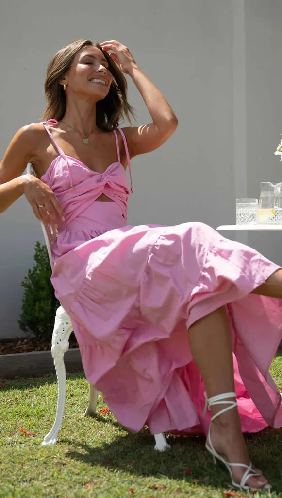Pink Front Twist Slip Midi Dress
