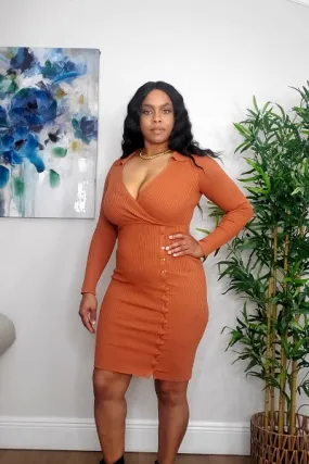 Ribbed Knit Midi Dress with Buttons