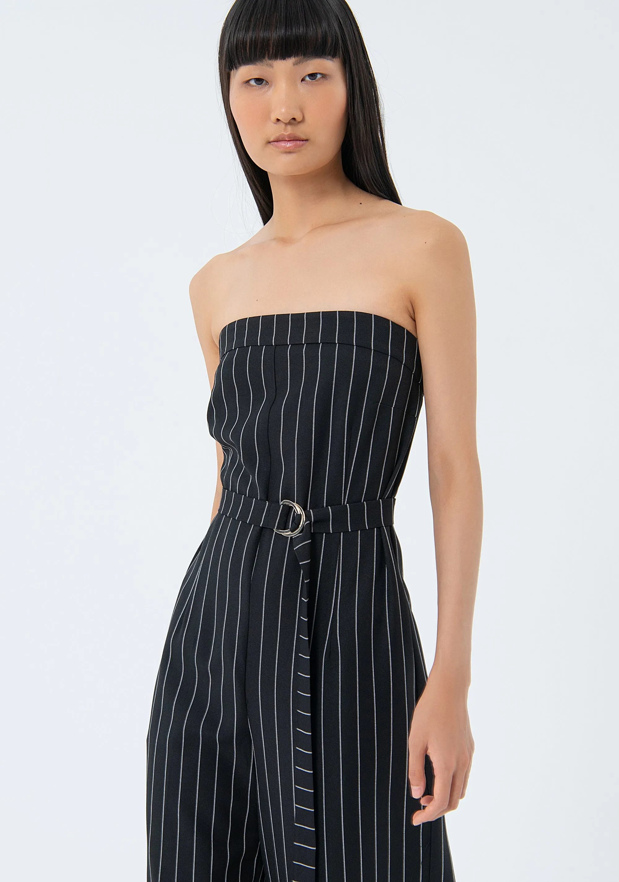 Sleeveless pinstriped overall
