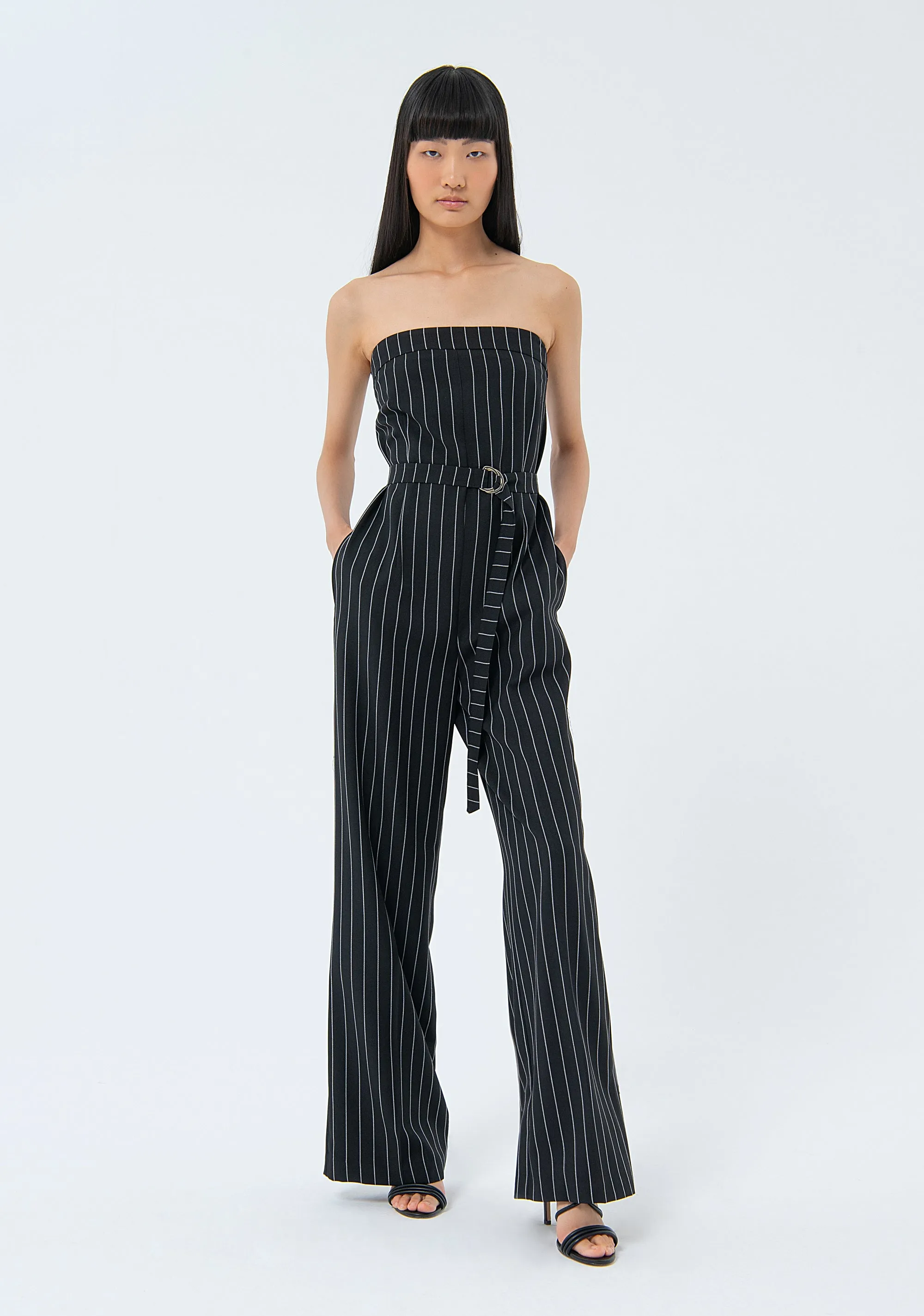 Sleeveless pinstriped overall